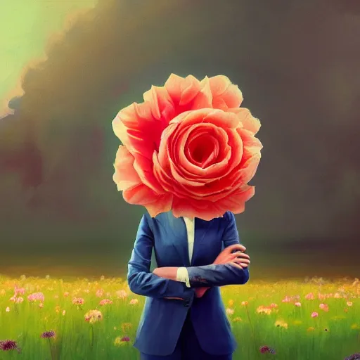 Image similar to portrait, giant rose flower head, girl in a suit, surreal photography, sunrise, blue sky, dramatic light, impressionist painting, digital painting, artstation, simon stalenhag