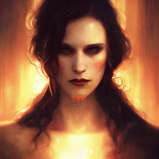 Image similar to majestic gracious regal aristocratic female brunette vampire portrait, atmospheric lighting, painted, menacing, intricate, volumetric lighting, beautiful, rich deep colours masterpiece, golden hour, sharp focus, ultra detailed, by leesha hannigan, ross tran, thierry doizon, kai carpenter, ignacio fernandez rios