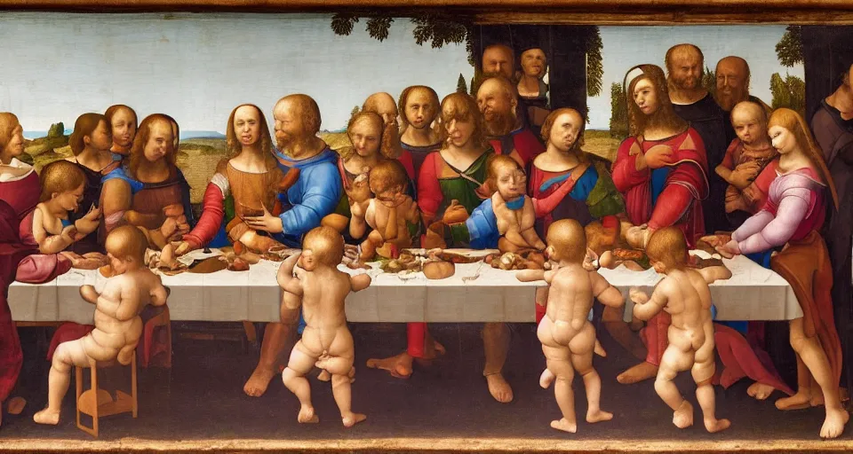 Prompt: a Renaissance painting in the style of Leonardo da Vinci of a symmetrical long table. A group of babies and toddlers are sitting at the table
