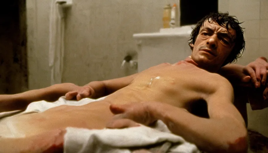 Image similar to movie still of jean - paul marat a wound at the chest, bleeding in the bath, cinestill 8 0 0 t 3 5 mm, high quality, heavy grain, high detail, cinematic composition, dramatic light, anamorphic, ultra wide lens, hyperrealistic, by pasolini