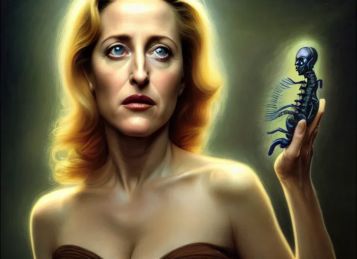 Image similar to portrait shot of young gillian anderson in x - files, intricate, elegant, highly detailed, centered, digital painting, artstation, concept art, smooth, sharp focus, illustration, artgerm, tomasz alen kopera, peter mohrbacher, donato giancola, joseph christian leyendecker, wlop, boris vallejo