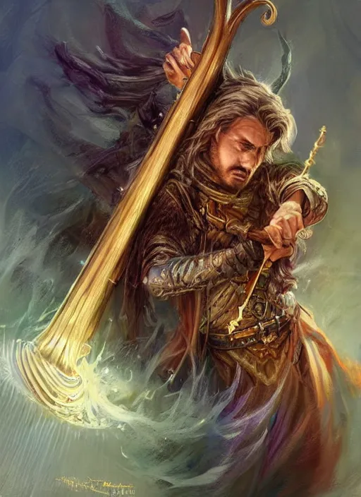 Image similar to bard playing the harp, ultra detailed fantasy, dndbeyond, bright, colourful, realistic, dnd character portrait, full body, pathfinder, pinterest, art by ralph horsley, dnd, rpg, lotr game design fanart by concept art, behance hd, artstation, deviantart, hdr render in unreal engine 5