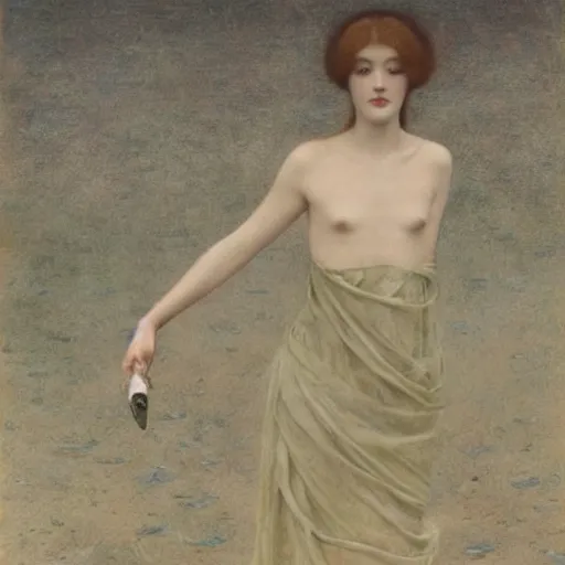 Prompt: The blood-dimmed tide is loosed and everywhere the ceremony of innocence is drowned, painted by Fernand Khnopff