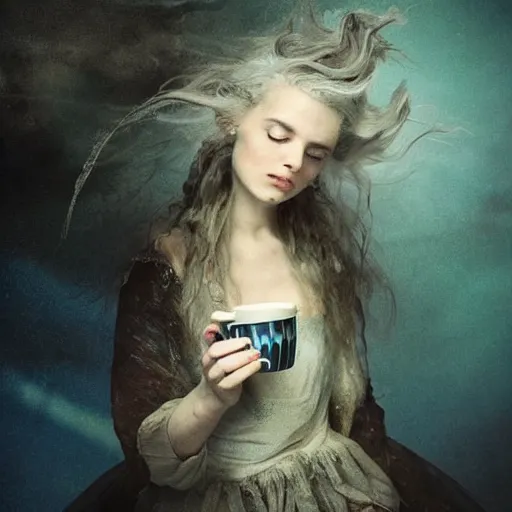 Image similar to A 18th century, messy, silver haired, (((mad))) elf princess, dressed in a ((ragged)), wedding dress, is ((drinking a cup of tea)). Everything is underwater and floating. Greenish blue tones, theatrical, (((underwater lights))), high contrasts, fantasyconcept art, inspired by John Everett Millais's Ophelia