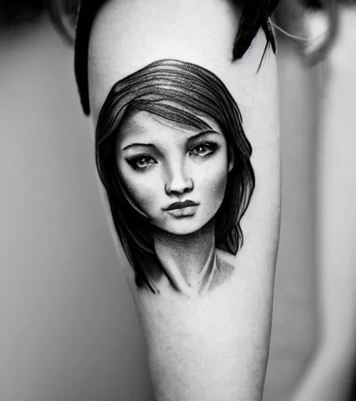 Image similar to a beautiful girl portrait, faded mountain background, realism tattoo, in the style of den yakovlev, black and white, hyper realistic, highly detailed