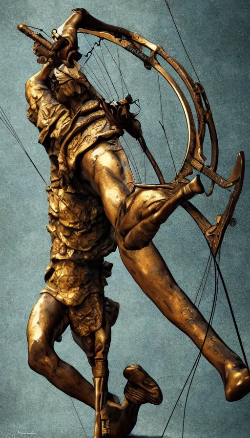 Image similar to An epic fantastic realism comic book style painting of a distressed bronze archery sculpture from the future by Stanislaw Szukalski, beautiful colorful flowers rain down, gilded marbled paper background, archer, fisheye lens, unreal 5, DAZ, hyperrealistic, octane render, dynamic lighting