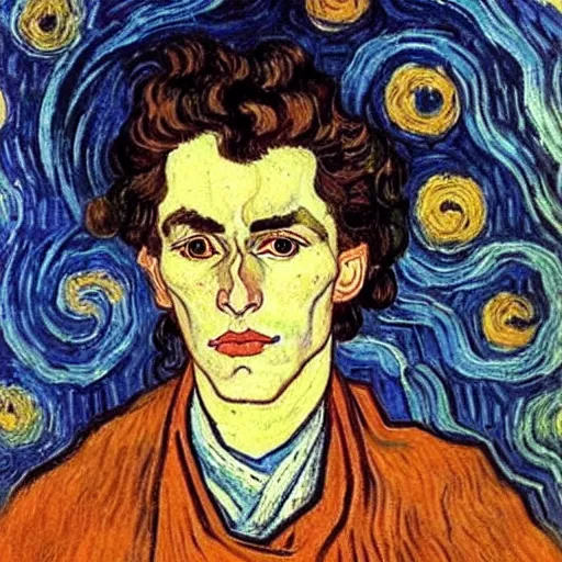 Prompt: painting of handsome beautiful dark medium wavy hair man in his 2 0 s, dressed as an oracle he has a vision for the future!! looking upward to the heavens above!! slight smile, foreseeing the future!! elegant, clear, painting, highly stylized, art by vincent van gogh, egon schiele