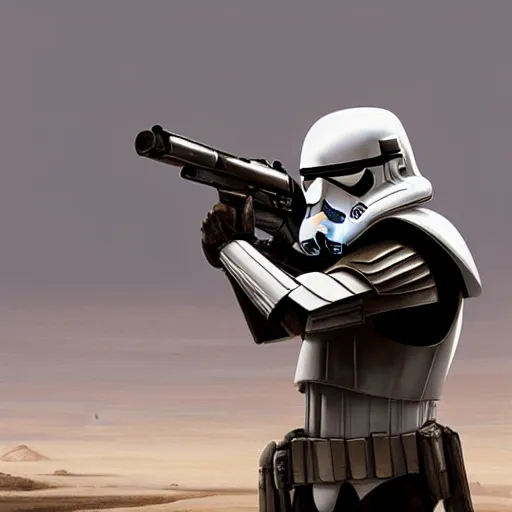 Image similar to a wide shot of an imperial stormtrooper in battle position ready to shoot his blaster concept art by Doug Chiang cinematic, realistic painting, high definition, very detailed, extremely high detail, photo realistic, concept art, the Mandalorian concept art style