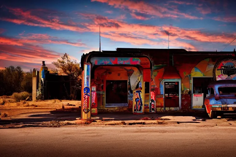 Image similar to a sunset light landscape with historical route 6 6, lots of sparkling details and sun ray ’ s, blinding backlight, smoke, volumetric lighting, colorful, octane, 3 5 mm, abandoned gas station, old rusty pickup - truck, beautiful epic colored reflections, very colorful heavenly, softlight