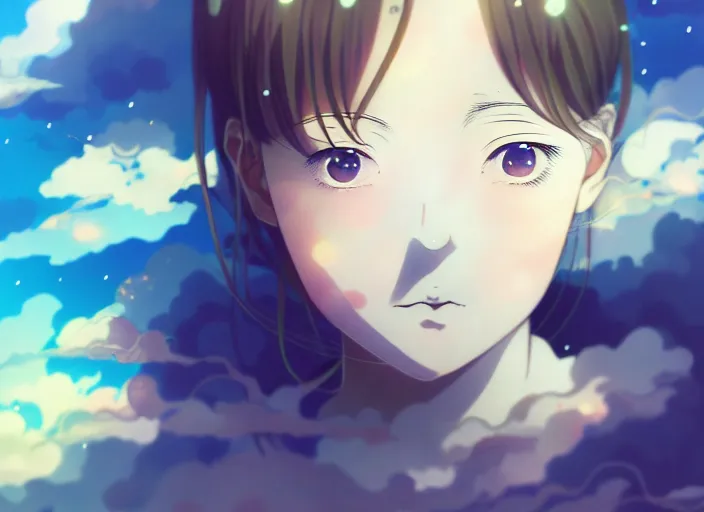 Image similar to anime portrait of a young a girl floating inside clouds,ink, Karolis Strautniekas,omoide emanon, tsuruta kenji, murata range,kawaii, kyoto animation, manga, intricate, detailed, studio lighting, gradation,editorial illustration, matte print, Ilya Kuvshinov