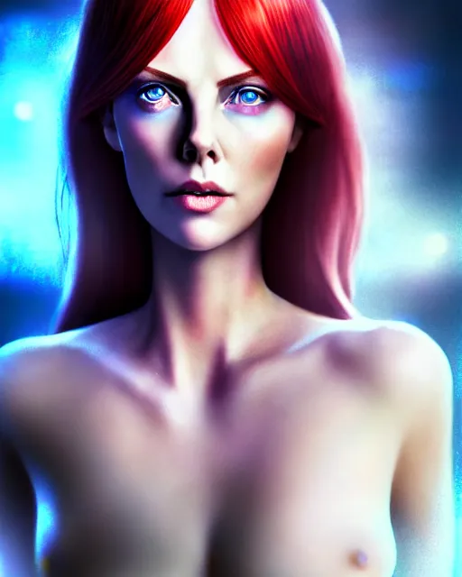 Image similar to perfect red haired attractive goddess with blue eyes, beautiful, symmetric, dreamy, pretty face, charlize theron, detailed, scifi platform, laboratory, experiment, 4 k, ultra realistic, epic lighting, illuminated, cinematic, masterpiece, art by sakimi chan