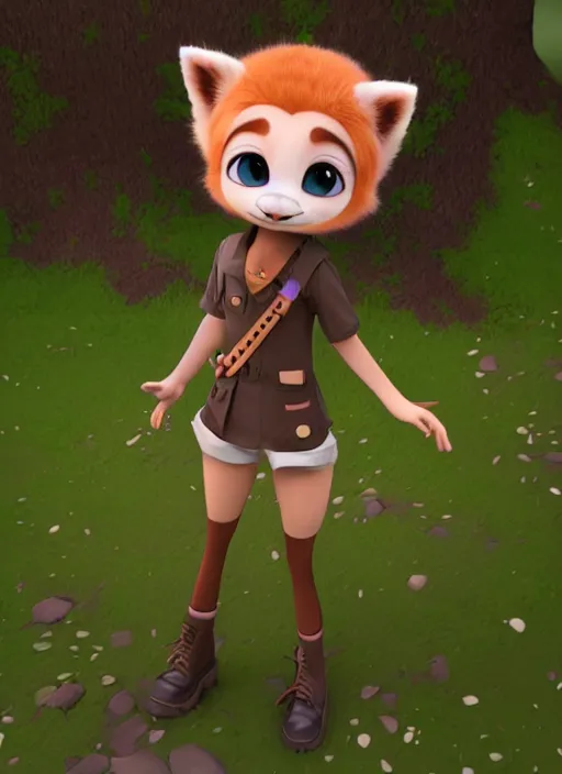Prompt: female explorer mini cute girl, character adoptable, highly detailed, rendered, ray - tracing, cgi animated, 3 d demo reel avatar, style of maple story and zootopia, maple story indiana, fluffy fox ears, dark skin, cool clothes, soft shade, soft lighting, portrait pose