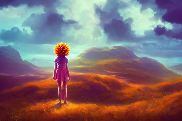 Image similar to closeup giant dahlia flower as head, girl standing on mountain, surreal photography, blue storm clouds, dramatic light, impressionist painting, digital painting, artstation, simon stalenhag