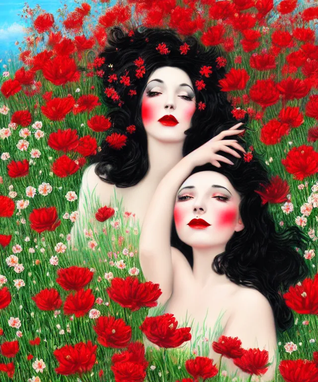 Prompt: happy girl with black hair, red lips, lying in a field of flowers, highly detailed, matte painting, french rococo painting, illustration,