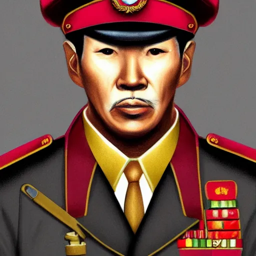 Prompt: tall thin asian man in a red military uniform, golden eyes, dark red military jacket, brown pocketed pants, flame insignia patches, medium length hair, stalin style hat, full body portrait, trending on artstation, detailed art, wlop, great drawing