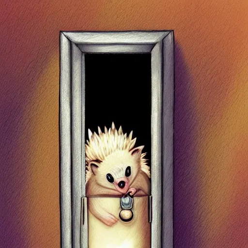 Image similar to cute adorable hedgehog opening the door, shy hedgehog, blushing, waving, smiling, cute, hedgehog, by cyril rolando