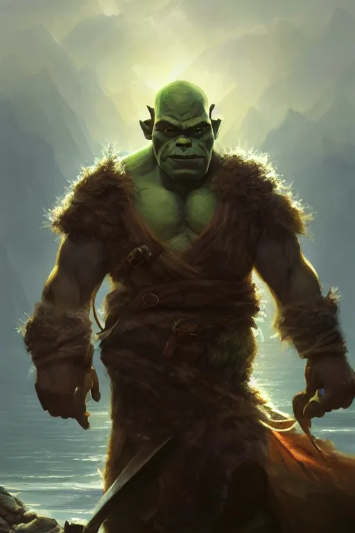 Image similar to dungeons and dragons half orc character closeup portrait, dramatic light, lake background, 2 0 0 mm focal length, painted by stanley lau, painted by greg rutkowski, painted by stanley artgerm, digital art, trending on artstation