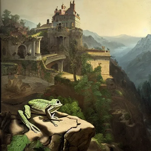 Image similar to a happy frog by Ansel Adams and Bernardo Bellotto, oil on canvas, artstation, dramatic scenery, masterpiece, aesthetic