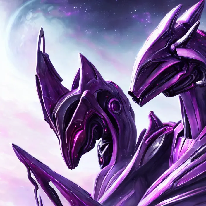 Image similar to cinematic close shot, cosmic sized proportional stunning beautiful hot female warframe, detailed robot mecha female dragon head, metal ears purple eyes, sleek silver armor, fuschia skin, floating in empty space, nebula sized, posing elegantly, epic proportions, epic size, epic scale, furry art, dragon art, giantess art, warframe fanart, furaffinity, deviantart