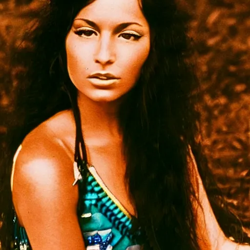 Image similar to clear photo of a beautiful and young female singer of native american descent taken in 1 9 7 6, high quality, highly detailed 7 0 s style photography, long dark hair, elegant pool, trending on pinterest, aesthetically beautiful, elegant, studio photography