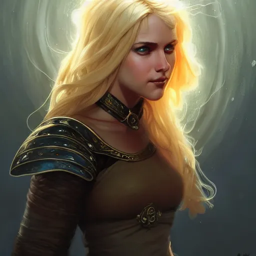 Image similar to an epic fantasy comic book style portrait painting of a young blonde girl thief, d & d, fantasy, joyful smirk, intricate, elegant, digital painting, artstation, concept art, face enhance, matte, sharp focus, illustration, art by artgerm and greg rutkowski and alphonse mucha