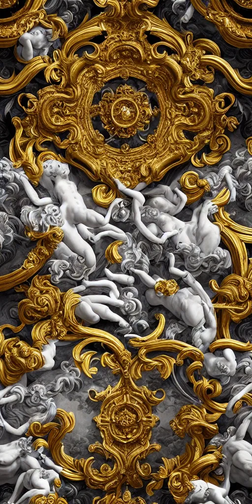 Image similar to the source of future growth dramatic, elaborate emotive Golden Baroque and Rococo styles to emphasise beauty as a transcendental, seamless pattern, symmetrical, large motifs, sistine chapel ceiling, 8k image, supersharp, Gold blue black and white, 3D, no blur, sharp focus, photorealistic, insanely detailed and intricate, cinematic lighting, Octane render, epic scene, 8K