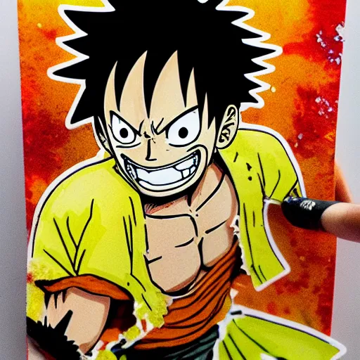 Image similar to die cut sticker, luffy gear 4, splatter paint on paper