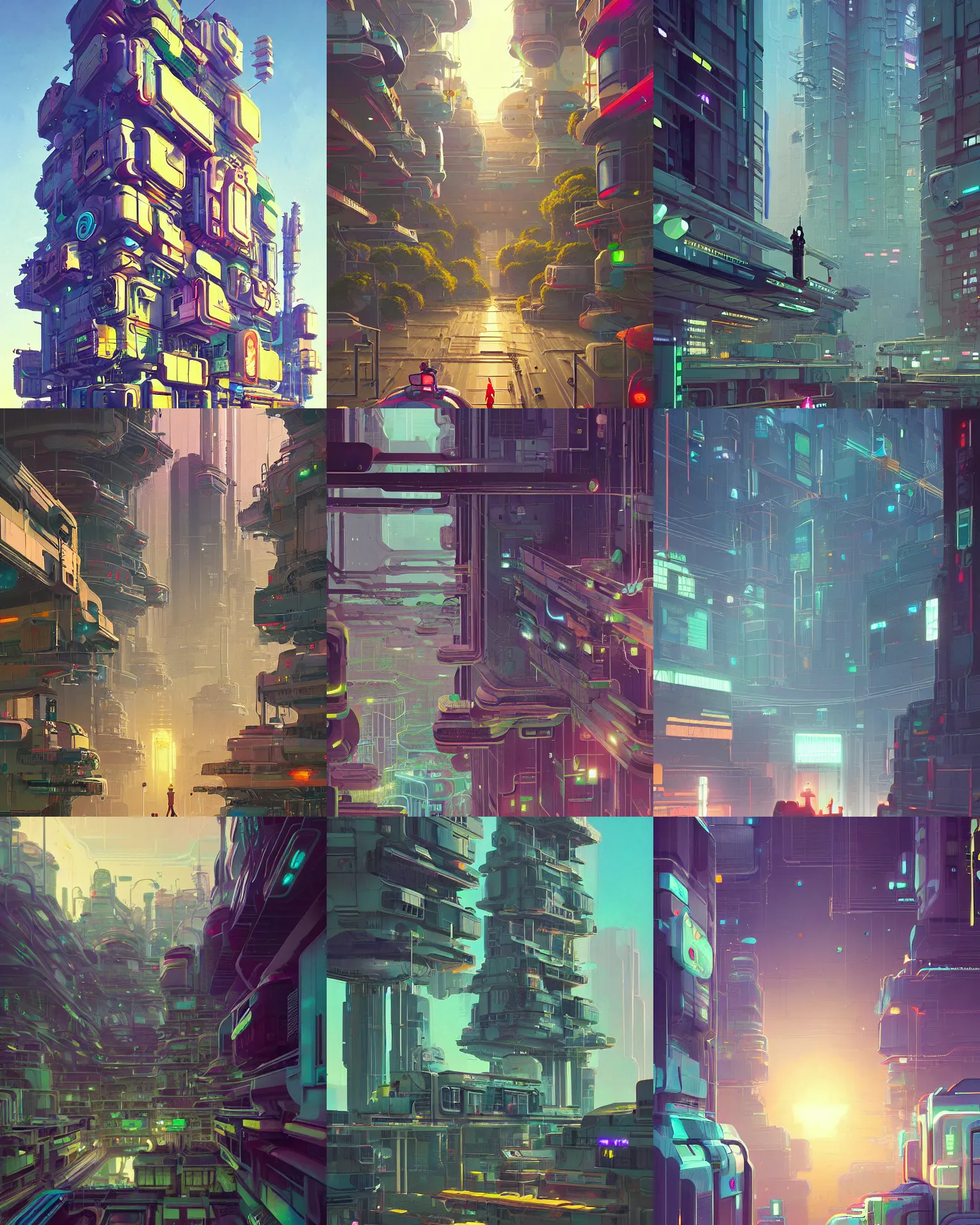 Prompt: beautiful highly detailed painting of a futuresynth, solarpunk, cyberpunk city building, clear focus, beautiful lighting, soft painting, greenery, futuristic, by james gilleard and goro fujita