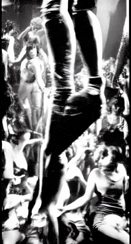 Prompt: antichrist dancing at Studio 54, disco, saturated color, high contrast, depth of field, 1976, bad vhs