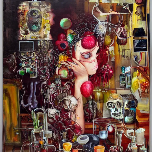 Prompt: apartment of an art student, sensual portrait of a woman holding a brain, mangosteen, honey dripping, berries dripping juice, pancakes, pomegranate, bones, computer parts, berries, octopus, scientific glassware, neo - expressionism, surrealism, acrylic and spray paint and oilstick on canvas