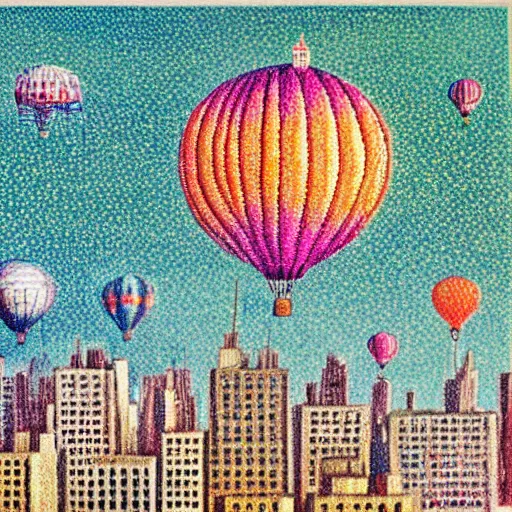 Image similar to hot air balloons invade new york city, pointillism