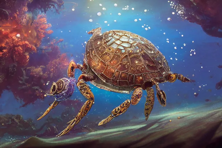 Image similar to beautiful painting of a caretta caretta wearing an armour of jewels and giant golden beetles in ocean coral reef, water bubbles, intricate details, realistic shaded , steampunk, highly detailed, artstation, illustration by Greg Rutkowski and Ruan Jia , octane render, dynamic light, volumetric light, neon lights, cinematic mood