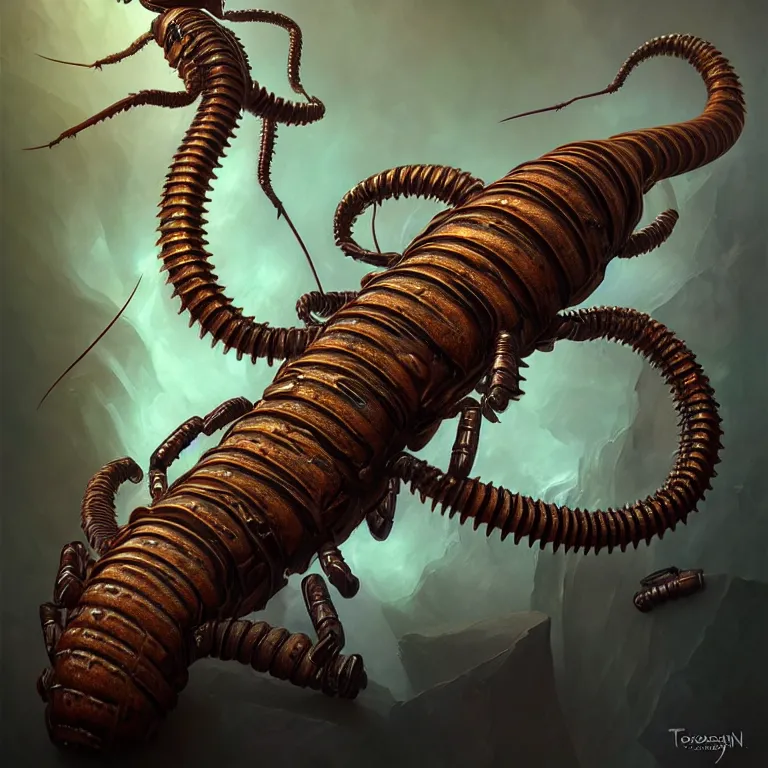 Prompt: steampunk scolopendra, 3 d model, unreal engine realistic render, 8 k, micro detail, intricate, elegant, highly detailed, centered, digital painting, artstation, smooth, sharp focus, illustration, artgerm, tomasz alen kopera, wlop