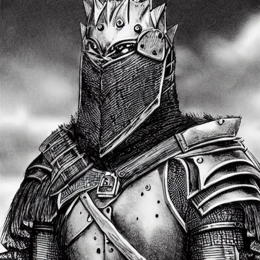 Prompt: a rustic man wearing medieval armor, bearded, by kentaro miura