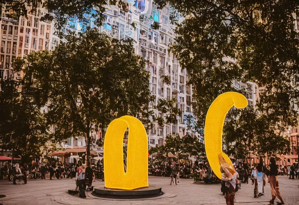 Prompt: 3 d 🌻 popping out of curved screen, town square, volumetric lighting, bokeh, shot on 7 0 mm, instax