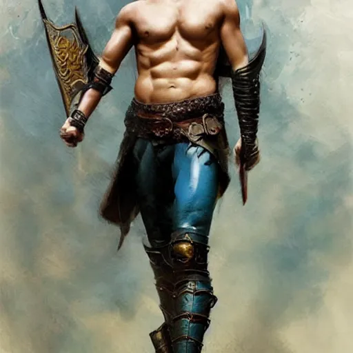 Image similar to young warrior marching toward the viewer, male, muscular, blue eyes!!!!, straight nose!!!, detailed face, exposed thighs!!!, leather, fantasy, medieval, highly detailed, painting by greg rutkowski