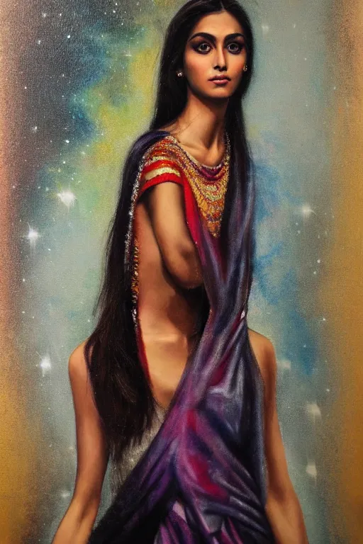Prompt: hyperrealism oil painting, close - up portrait of european brunette indian fashion model, queen, steel gradient mixed with nebula sky, in style of baroque mixed with 7 0 s japan book art