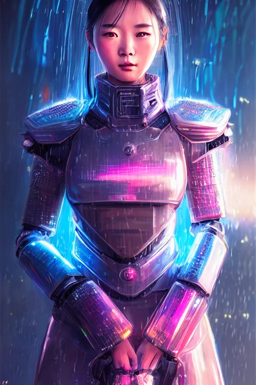 Prompt: portrait futuristic wuxia armor heroine Girl with thunder and fire sparkles and starlight, n future cyberpunk tokyo heavy rainning rooftop , ssci-fi, fantasy, intricate, very very beautiful, elegant, human structure, neon light, highly detailed, digital painting, artstation, concept art, smooth, sharp focus, illustration, art by tian zi and WLOP and alphonse mucha