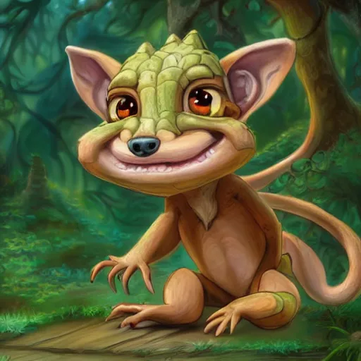 Image similar to beautiful painting of a cute chibi kobold, with rosy cheeks, in a forest. in the style of don bluth, disney, and hans zatzka. color harmony, 8 k detail, gallery quality, hd wallpaper, premium prints available.