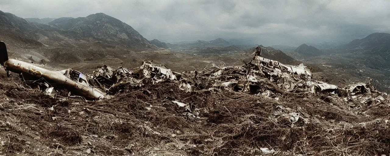 Image similar to panoramic of a world war 2 plane crashing into a spaghetti mountainside, cloudy, small details, intricate, canon 5 0 mm, high detail, intricate, cinematic lighting, photography, wes anderson, film, kodachrome