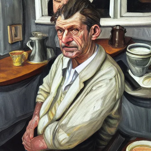 Image similar to high quality high detail painting by lucian freud, hd, portrait of coffeeshop owner