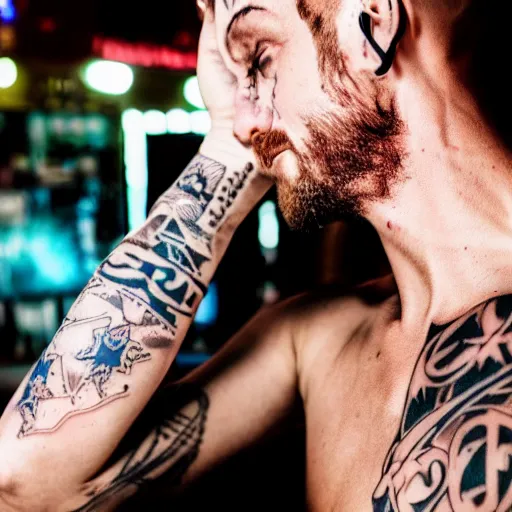 Prompt: skinny white male with american traditional tattoos getting drunk at the dive bar, cinematic lighting, 4 k,