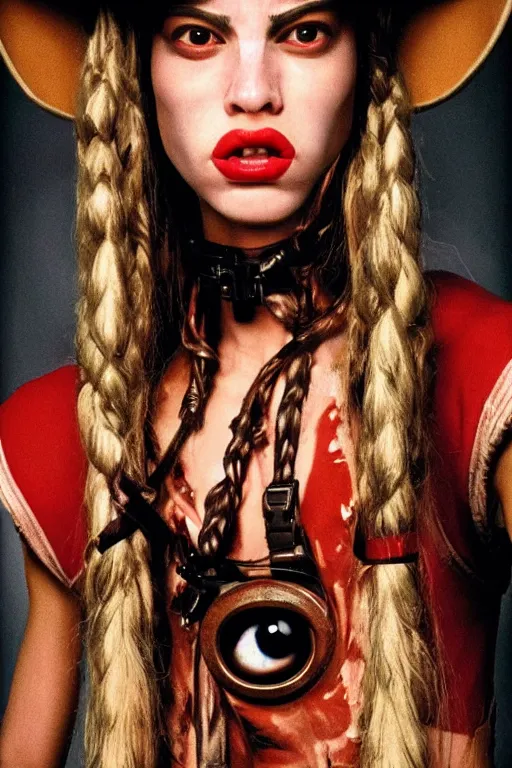 Prompt: gopro closeup of jar jar binks as a female cowgirl, long eyeslashes, huge juicy lips, big seductive eyes, dolce & gabbana campaign, shot by mario testino, realistic vfx simulation