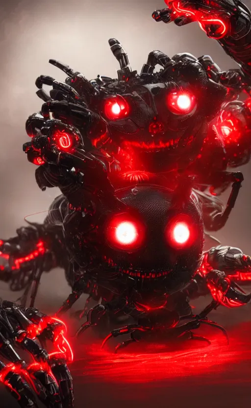 Image similar to a robot humanoid spider with 4 arms with claws, glowing red eyes, in a black carbon and red fiber armor, smiling creepily, dynamic lighting, photorealistic fantasy concept art, trending on art station, stunning visuals, creative, cinematic, ultra detailed