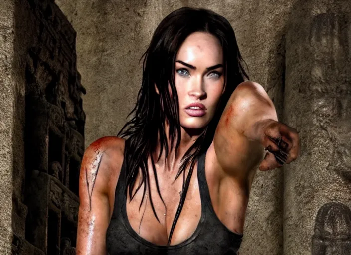 Image similar to film still of!!!! megan fox!!! as lara croft in new tomb raider movie, closeup portrait, exploring inside of aztec temple, glamour pose, dramatic lighting, octane, mist, volumetric lighting, arney freytag, 8 k