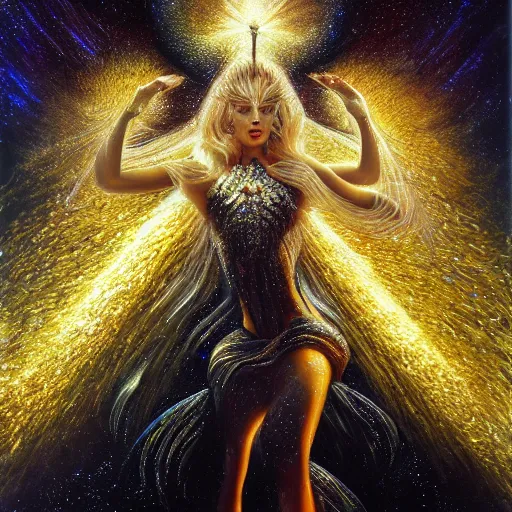 Prompt: full body made of diamonds , wearing a golden koftan ,thunder, shining light, nebulas, god rays by Karol Bak, Ayami Kojima, Amano and Olivier Ledroit