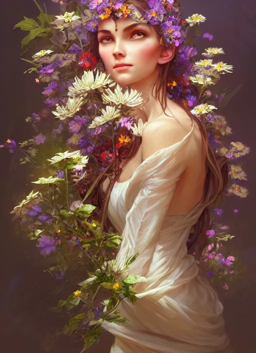 Image similar to a beautiful bouquet of wild flowers, deep focus, d & d, fantasy, intricate, elegant, highly detailed, digital painting, artstation, concept art, matte, sharp focus, illustration, hearthstone, art by artgerm and greg rutkowski and alphonse mucha