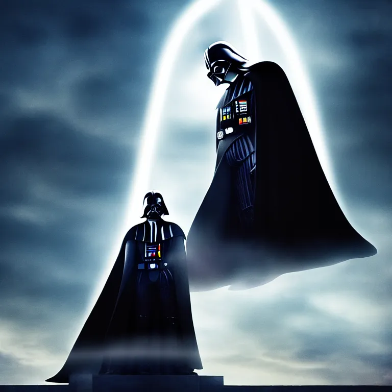 Image similar to darth vader and kristen stewart staying close together in front of, on the background star destroyer, romantic poster for the twillight movie high quality photorealistic