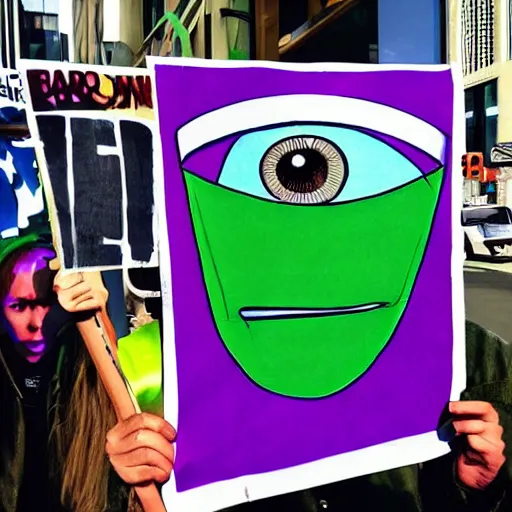 Image similar to a one eyed green and purple alien holding up a political poster about aliens in front of his body, its expression is indifferent, the edges have a stylistic blur, photorealistic, high - res, incredibly detail, vortex