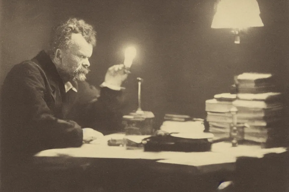 Prompt: wet plate photograph, august strindberg sitting alone writing alone at a secretary desk in a small messy viennese apartment, night time, alone, oil lamp light, victorian era, depth of field, very detailed, highly accurate, intricate